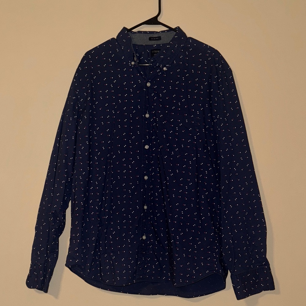 J Cre Men's Navy Blue Patterned Button Down Shirt, XL